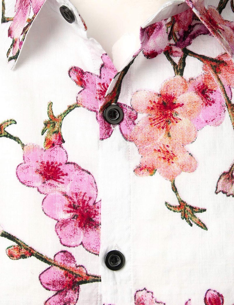 JOGAL Men's Flower Casual Button Down Short Sleeve Hawaiian Shirt White Pink Large - Image 4